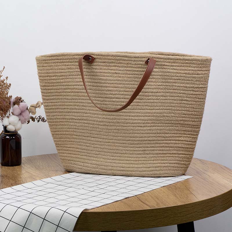 Natural Jute Tote Bag Bucket Shape Leather Handle