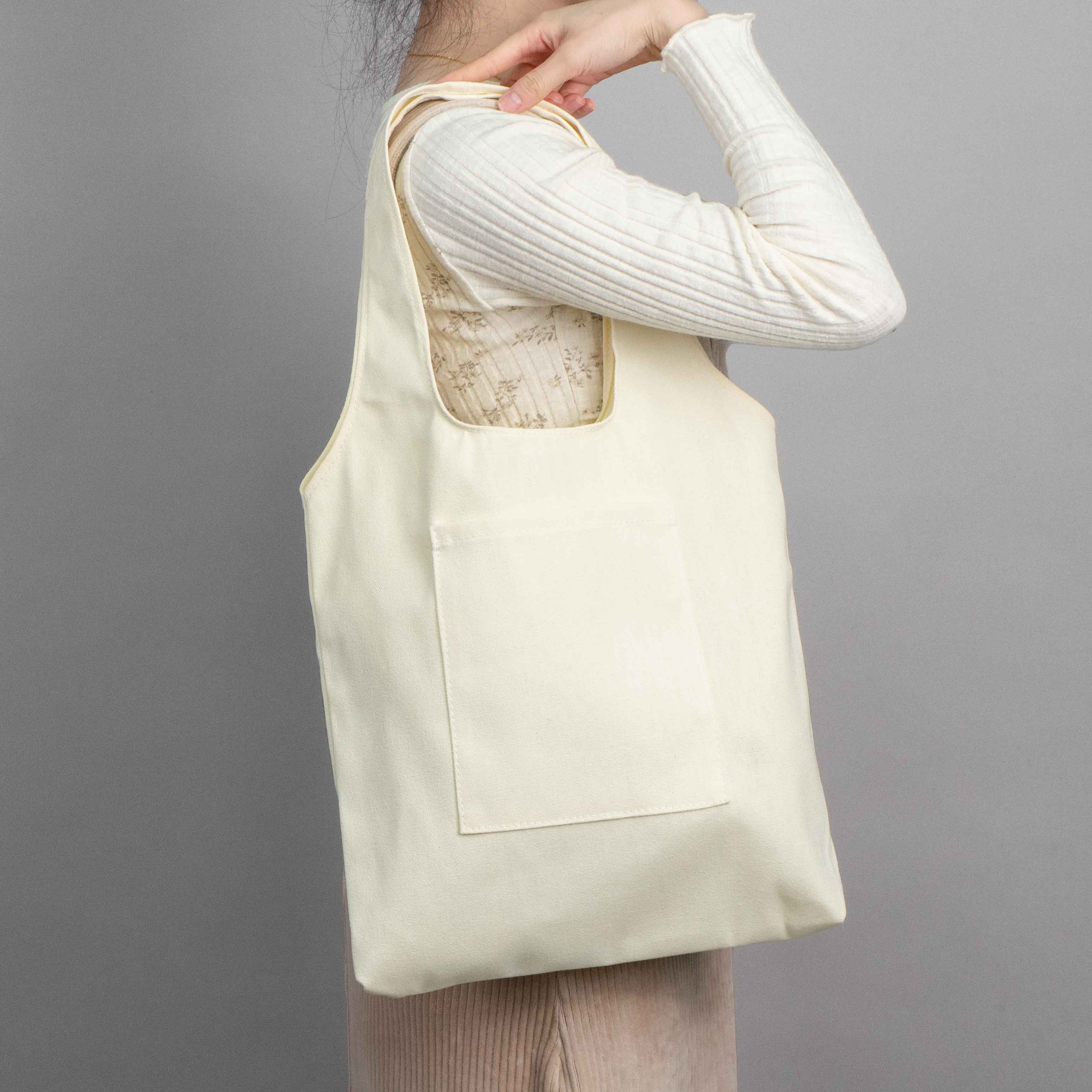 Solid Color Cotton Canvas Bag With Pocket