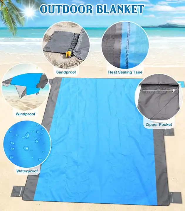 Extra Large Waterproof Beach Blanket for 2-8 People Sandfree Beach Mat With 6 Stakes