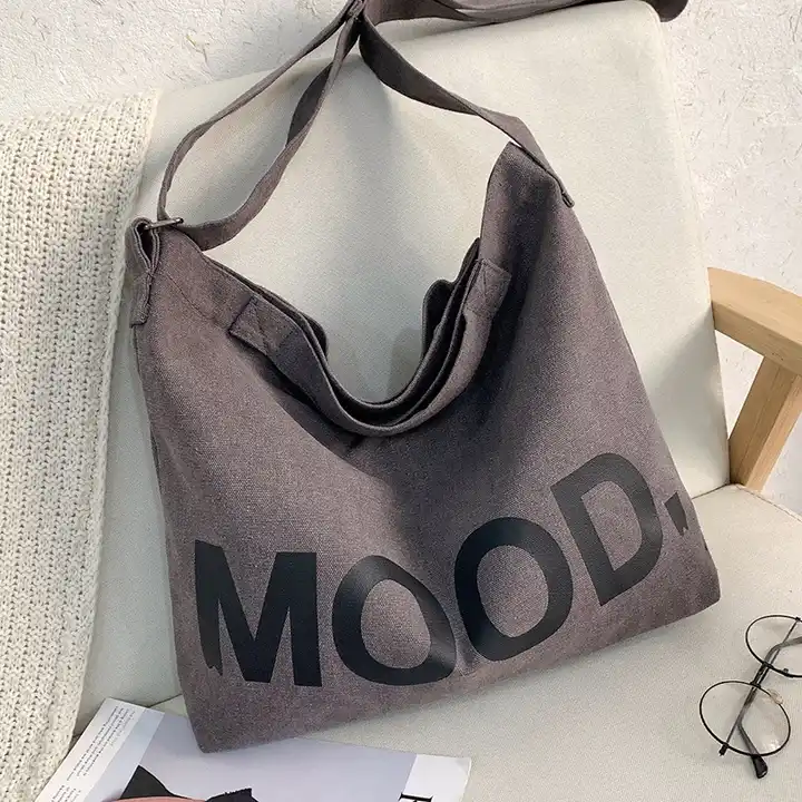 Letter Shoulder Canvas Tote Bag With Zipper