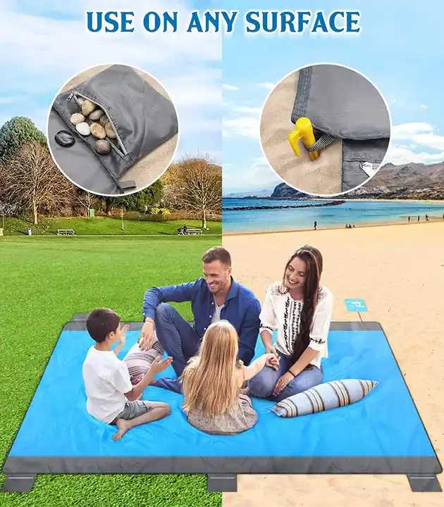 Extra Large Waterproof Beach Blanket for 2-8 People Sandfree Beach Mat With 6 Stakes