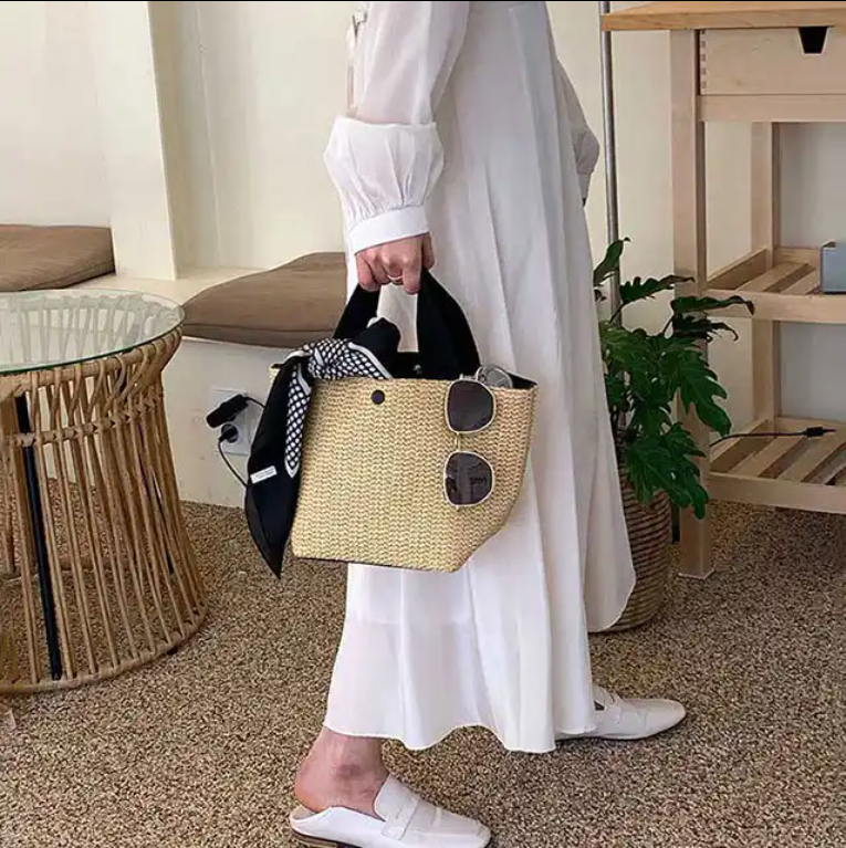 Woven Straw Bucket Bag Basket Beach Bag