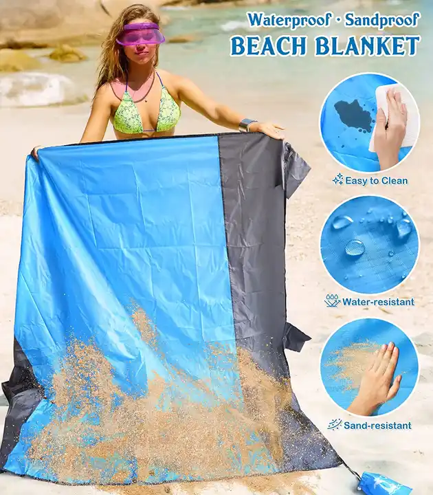 Extra Large Waterproof Beach Blanket for 2-8 People Sandfree Beach Mat With 6 Stakes