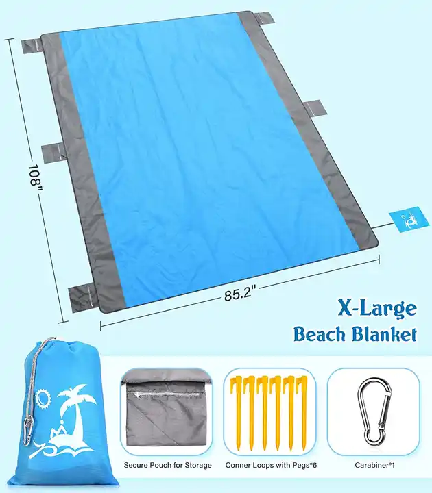 Extra Large Waterproof Beach Blanket for 2-8 People Sandfree Beach Mat With 6 Stakes